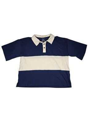 Madewell Women's Navy Blue White Striped Colorblock Cropped S/S Rugby Polo Sz M